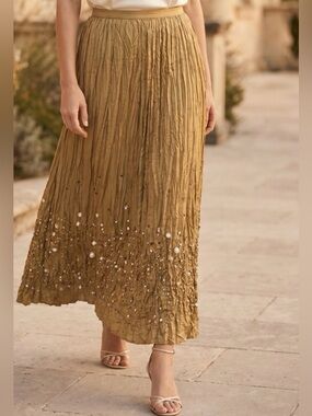 1990s Crinkled Silk Maxi Skirt • Gold Embroidery Beaded Sequin Crescendo